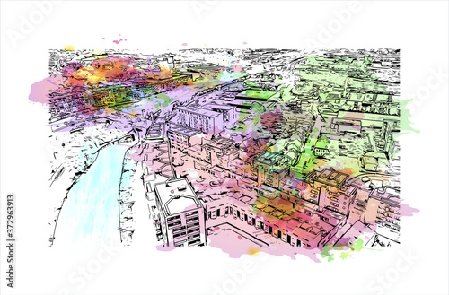 Building view with landmark of Apeldoorn is a municipality and city in the province of Gelderland in the centre of the Netherlands. Watercolor splash with hand drawn sketch illustration in vector.