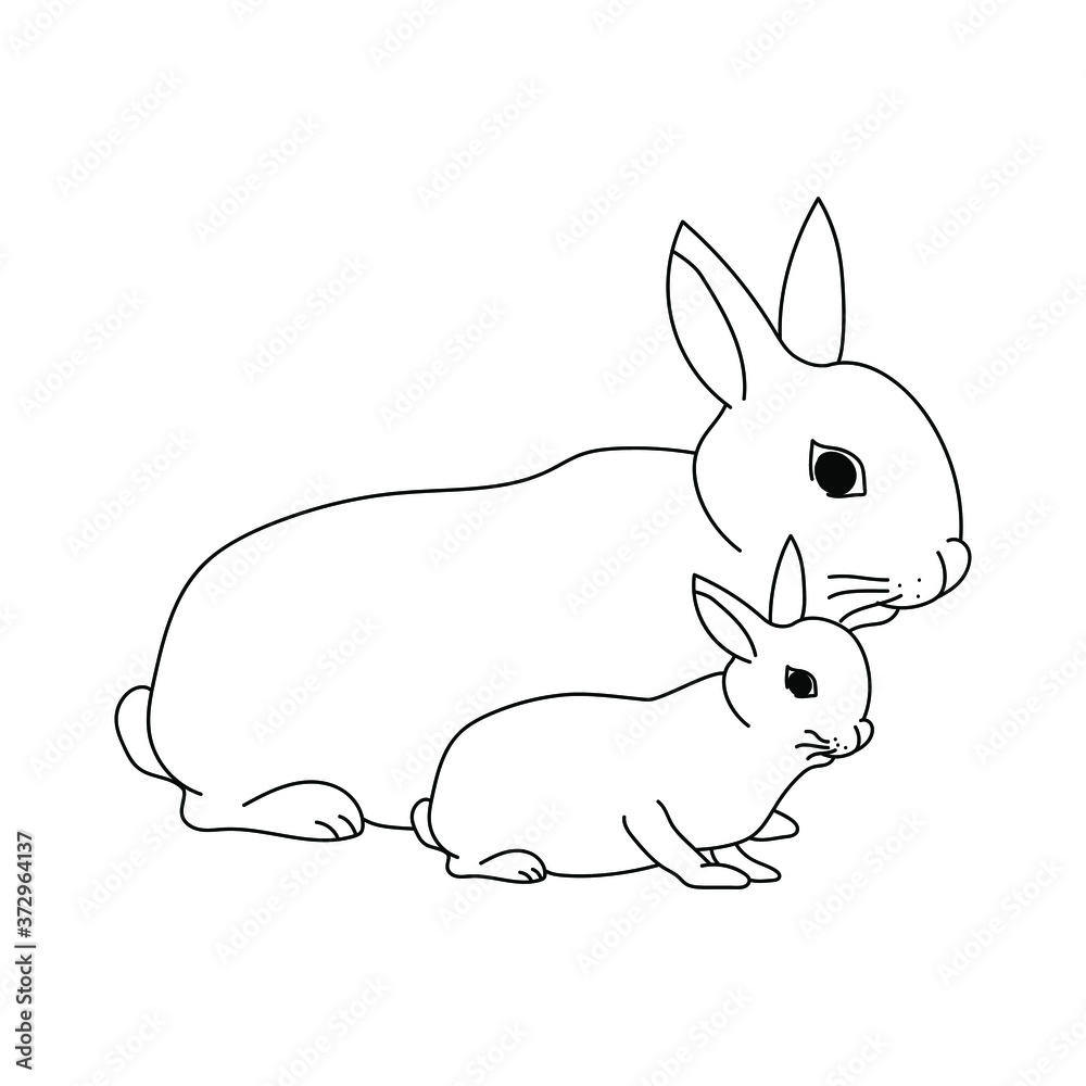 Adult rabbit and baby bunny, mom and baby animals, educational materials in the form of a coloring page for children, vector outline illustration Adult rabbit and baby bunny, mom and baby animals, educational materials in the form of a coloring page for children, vector outline illustration