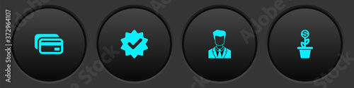 Set Credit card, Approved and check mark, User of man in business suit and Dollar plant the pot icon. Vector.