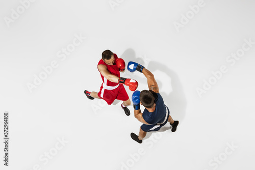 Two professional boxers boxing isolated on white studio background, action, top view. Couple of fit muscular caucasian athletes fighting. Sport, competition, excitement and human emotions concept. photo