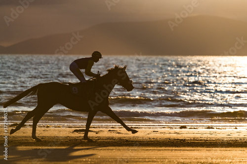 Race horse and jockey galloping on the beach at sunset, west coast of Ireland