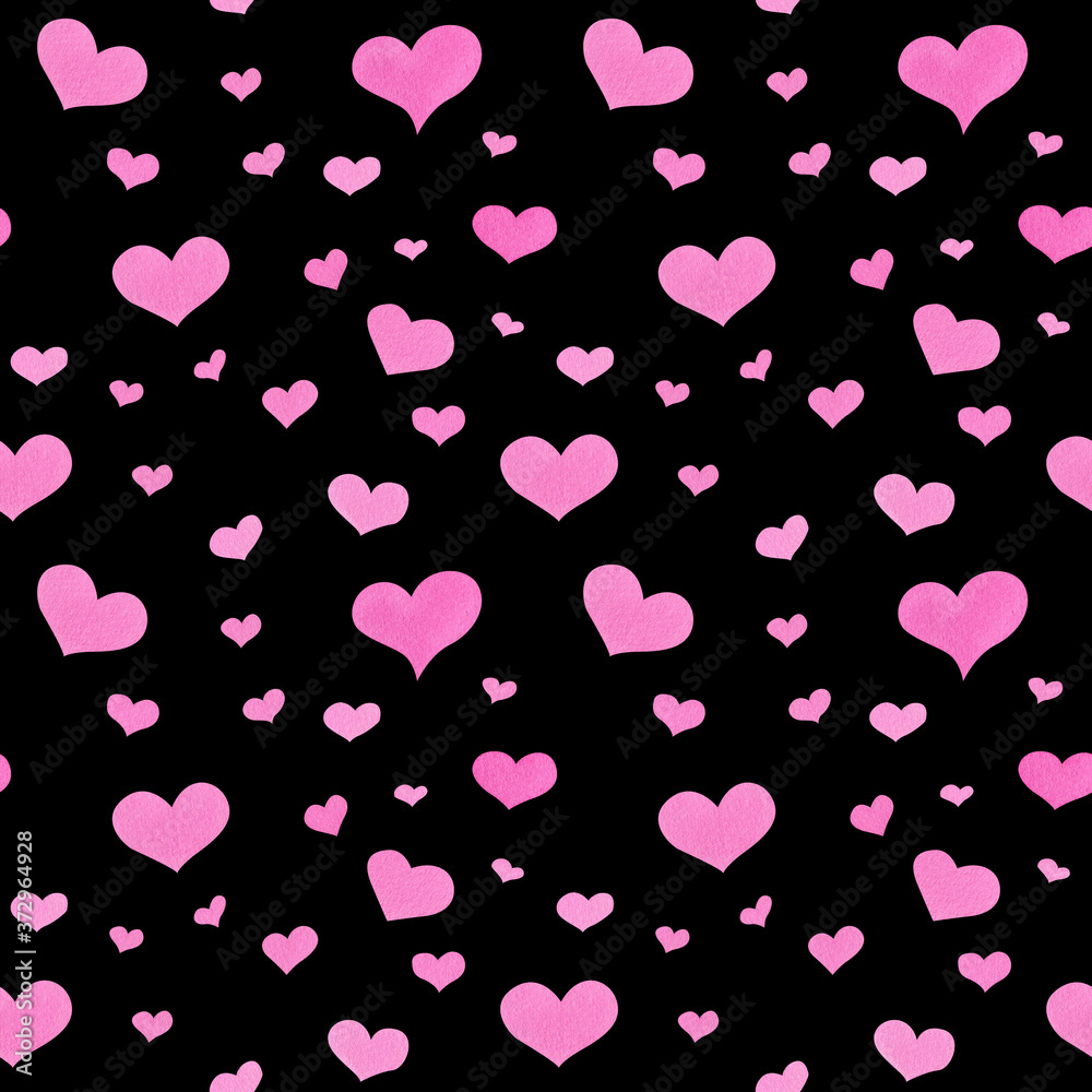 Seamless watercolor pattern with pink hearts on black background for fabric texture, children accessories design and decor