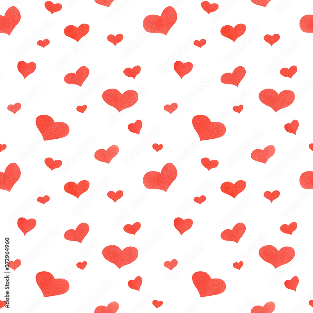 Seamless watercolor pattern with red hearts for fabric texture, children accessories design and decor