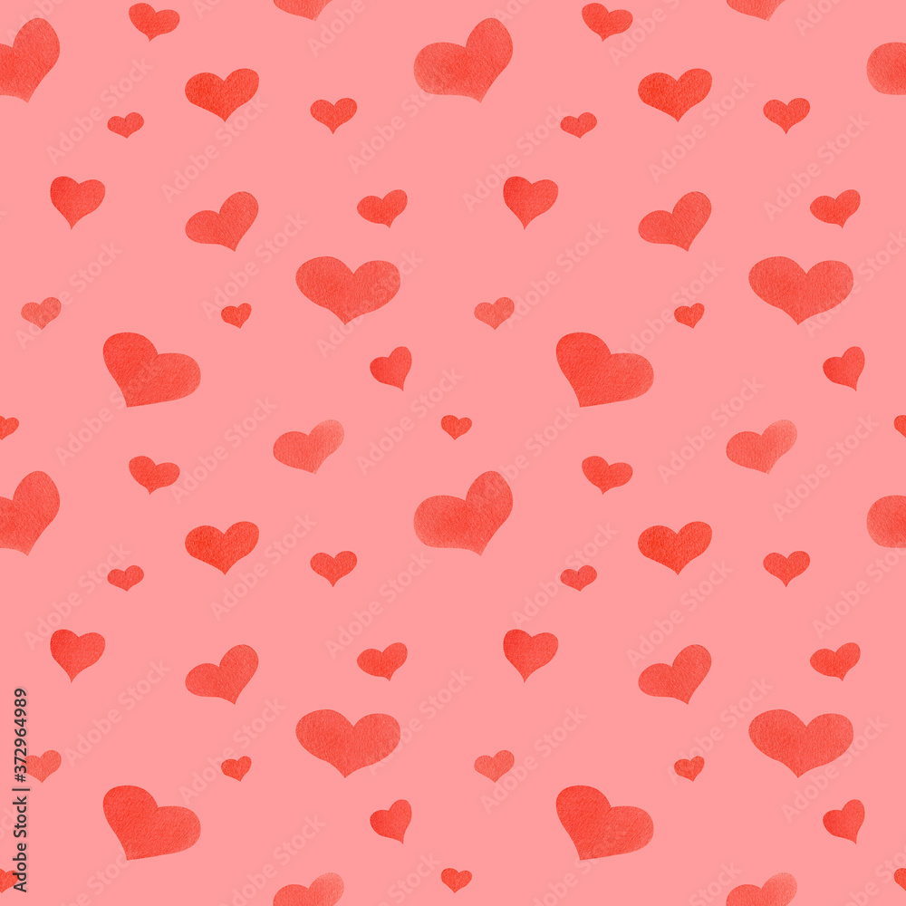 Seamless watercolor pattern with red hearts on pink background for fabric texture, children accessories design and decor