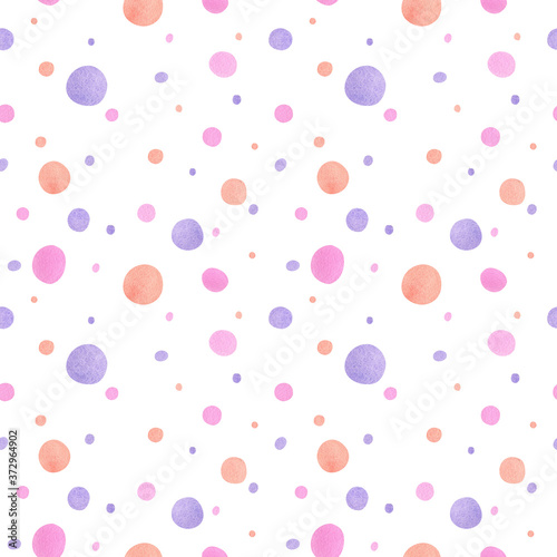 Seamless watercolor pattern with multicolored polka dots for fabric texture, children and party accessories desig, decor