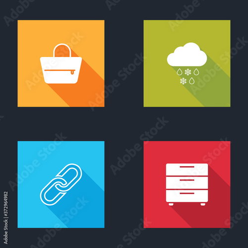 Set Handbag, Cloud with snow rain, Chain link and Furniture nightstand icon. Vector.
