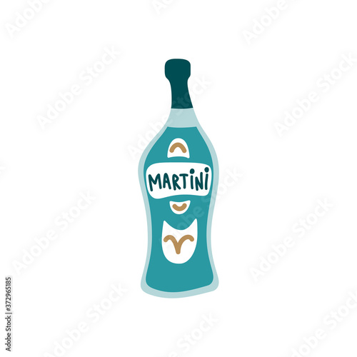 Blue martini bottle on white background. Cartoon sketch graphic design. Doodle style. Hand drawn image. Party drinks concept. Freehand drawing style
