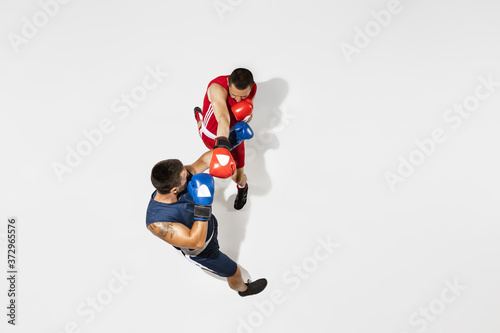 Two professional boxers boxing isolated on white studio background, action, top view. Couple of fit muscular caucasian athletes fighting. Sport, competition, excitement and human emotions concept. © master1305