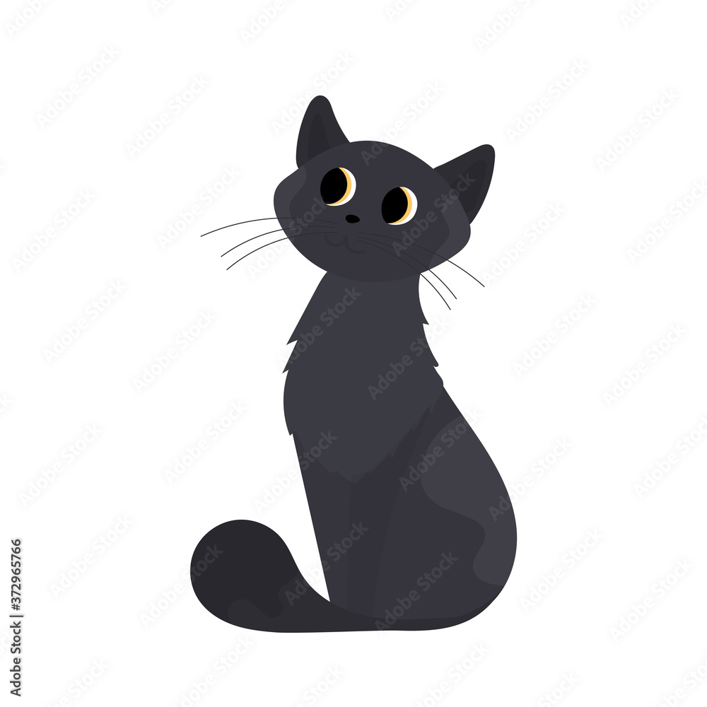 Black cat. The cat looks away curiously. Good for stickers and postcards. Isolated. Vector.
