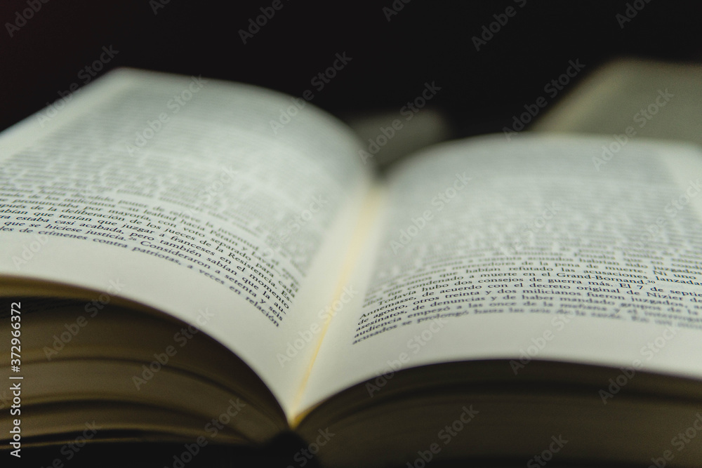 Fototapeta premium Open and illuminated book, with a dark background to place text, literature and books 