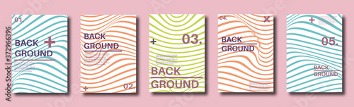 Abstract distortion line backgrounds. Striped wave backdrops. Wavy Op art covers. Halftone flyers, cards, posters. Vector illustration.  