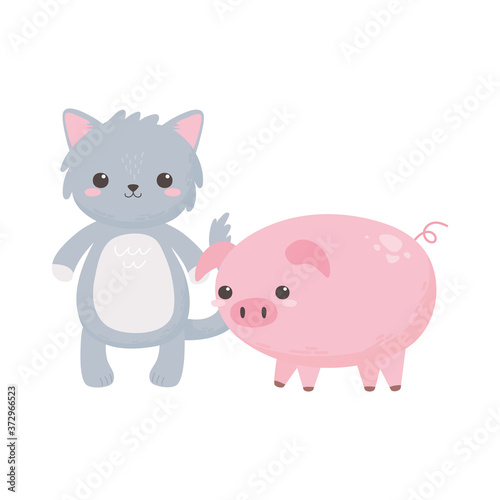 cute gray cat piggy cartoon animals isolated white background design