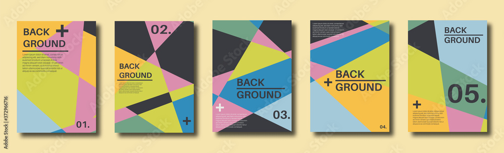 Abstract set of backgrounds with colorful chaotic triangles, polygons. Geometric posters, Social media, Book cover. Vector illustration.       
