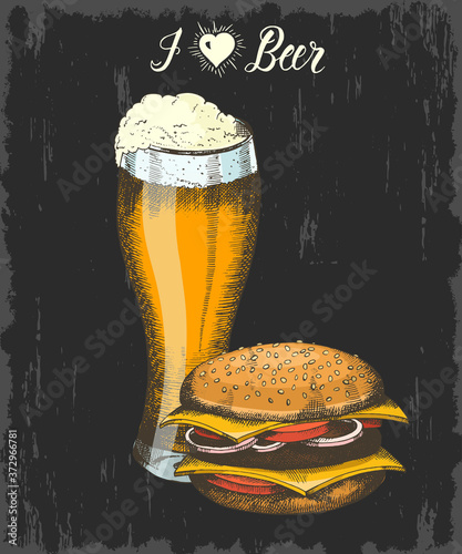 Set with hand drawn beer and burger. Hand made lettering "I love Beer". Sketch. Oktoberfest objects. Can be used for menu, banner, flyer.