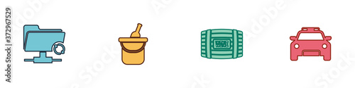 Set FTP sync refresh, Bottle of wine in bucket, Wooden barrel for and Police car and flasher icon. Vector.