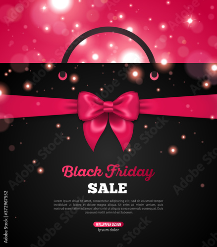 Black Friday Creative Banner with Black Shopping Bag and Pink Ribbon Bow. Vector Illustration. Place for Promotional Text. Bokeh, Sparkles. Shining Christmas Total Sale Background.