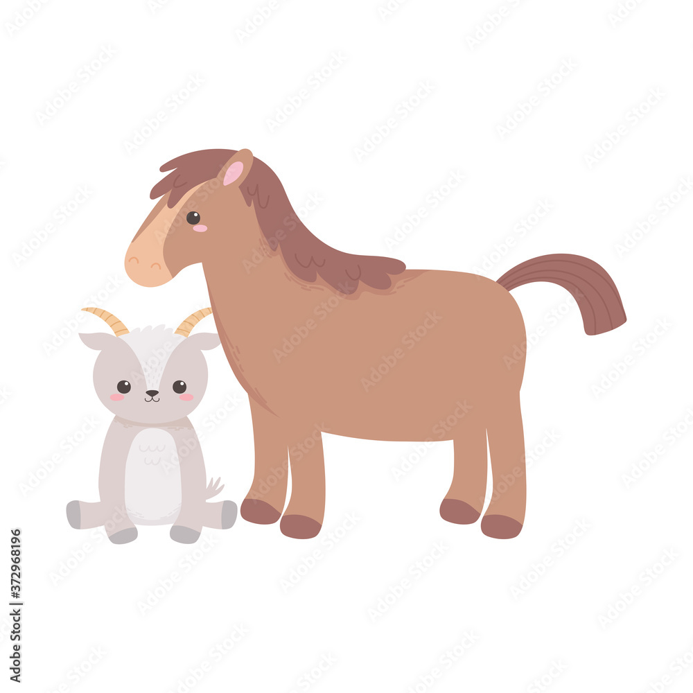 Fototapeta premium cute horse and goat grass bush cartoon animals isolated white background design