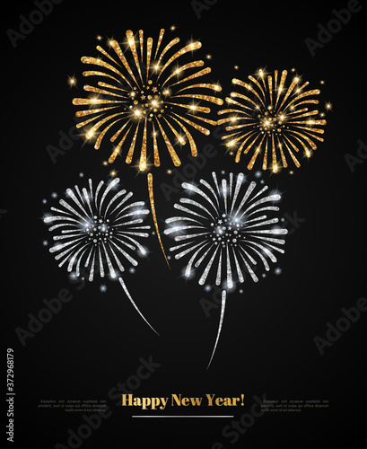 Vector gold and silver fireworks on black background. Gold Glitter Texture, Sequins Pattern. Lights and Sparkles. Glowing Celebration New Year or Christmas Holiday Backdrop. Place for your text.