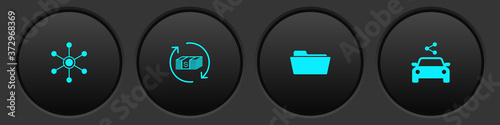 Set Network, Refund money, Folder and Car sharing icon. Vector.