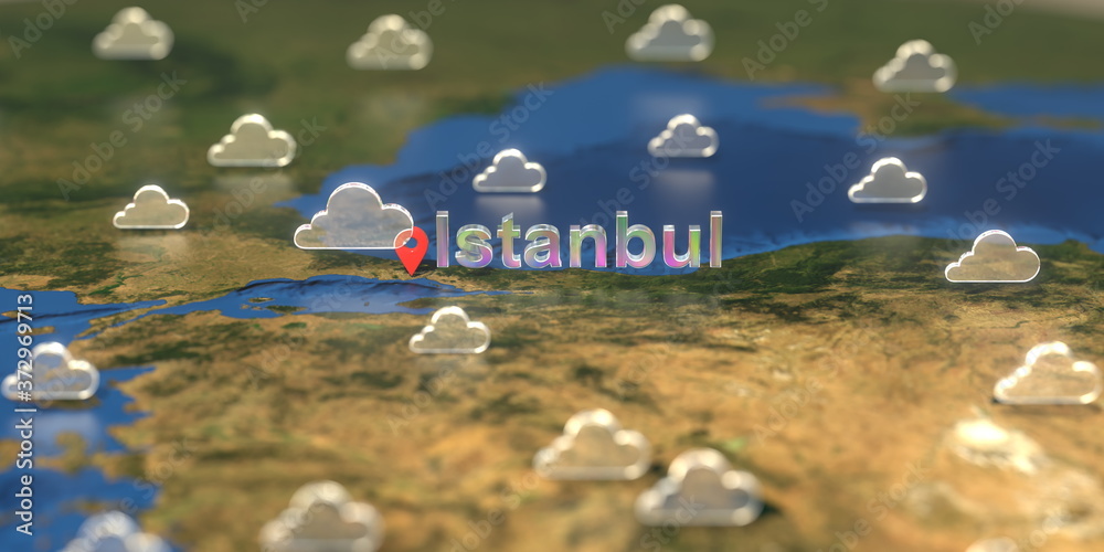 Istanbul city and cloudy weather icon on the map, weather forecast related 3D rendering Istanbul city and cloudy weather icon on the map, weather forecast related 3D rendering
