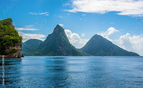 A view towards Soufriere Bay, St Lucia with the Pitons in the distance photo