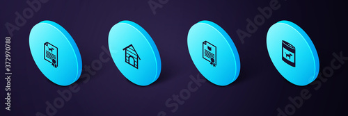 Set Isometric Canned food for dog, Certificate cat, Dog house and icon. Vector.