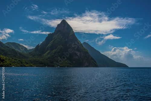A close-up view of the Pitons from Soufriere in St Lucia in the morning