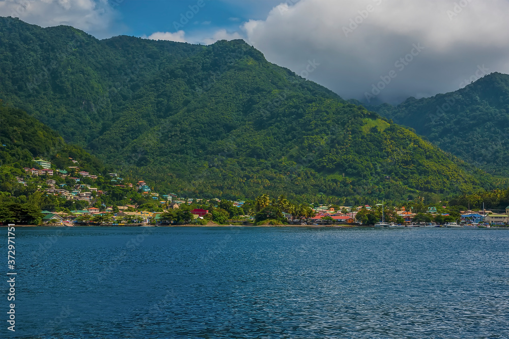 A towards Soufriere in St Lucia from a boat in the bay