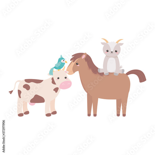 cute horse goat cow and parrot cartoon animals