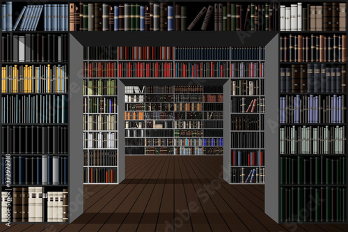 Library. Bookshelves with many different books. Vector illustration.