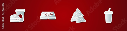 Set Coffee and burger, Pizza in cardboard box, Nachos and Glass with water icon. Vector.