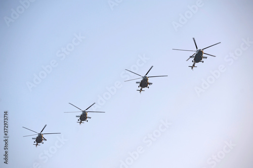 Attack helicopters flying in the sky
