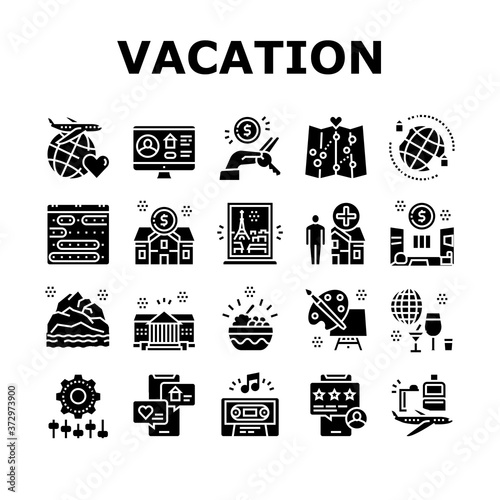 Vacation Rentals Place Collection Icons Set Vector. Vacation And Travel, Audio Guide Cassette And Calendar, House And Apartment Rent Glyph Pictograms Black Illustrations