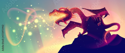 Realistic fire breathing dragon on a rock with glow flame in vector, fantasy dangerous snake or reptile on a cliffs, detailed illustration in cartoon style.