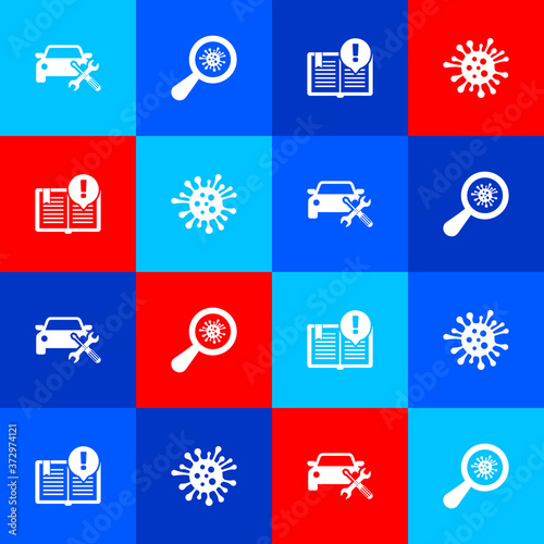 Set Car service, Microorganisms under magnifier, Interesting facts and Bacteria icon. Vector.