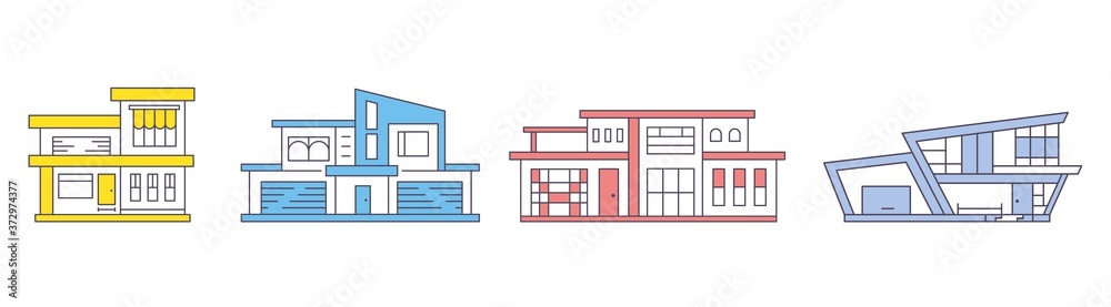 Real estate modern house set outline vector illustration. Contemporary style home types. Residential property. Real estate modern house set outline vector illustration. Contemporary style home types. Residential property.