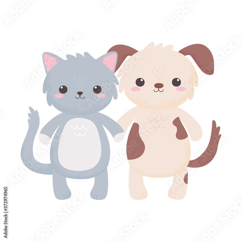 cute little gray cat and doggy cartoon isolated white background design