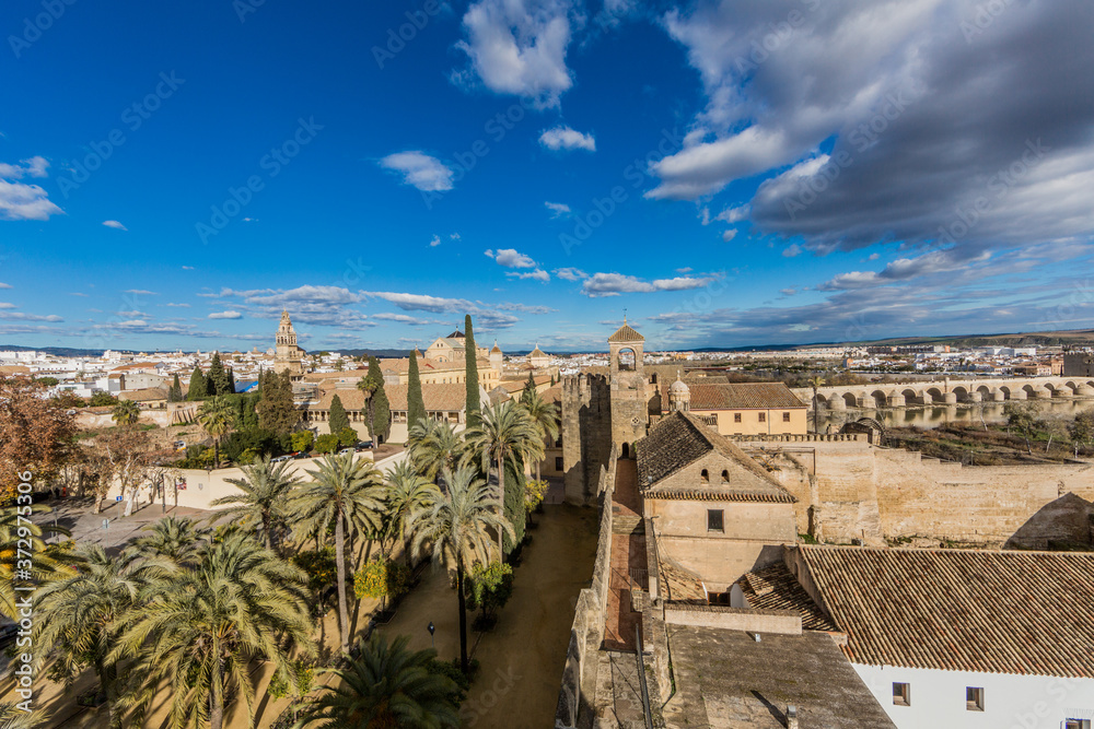 Panoramic view of a part of the city of Cordoba with the Roman bridge in the background seen from a tower of the Alcazar de los Reyes Cristianos, wonderful and sunny day with a blue sky in Spain