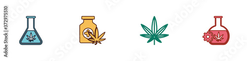 Set Test tube with marijuana, Medical bottle, Marijuana or cannabis leaf and icon. Vector.