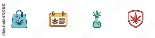 Set Shopping bag of marijuana, Calendar and, Test tube with and Shield icon. Vector.