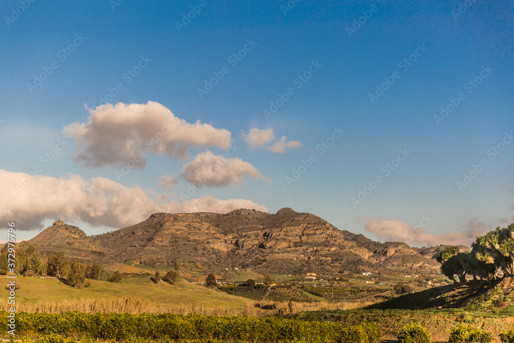 Fototapeta premium Valley with farmland and a mountain background, wonderful sunny day with a blue sky and white clouds in the province of Malaga Spain