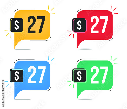 27 dollar price. Yellow, red, blue and green currency tags with balloon concept.