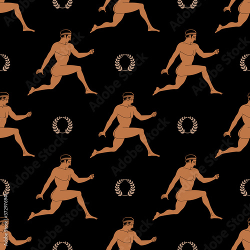 Seamless pattern with running ancient Greek athletes and laurel wreaths.