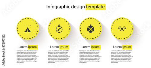 Set Tourist tent with flag, Compass, Canteen water bottle and Crossed wooden axe. Business infographic template. Vector.