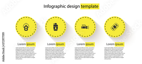 Set Canteen water bottle, , Flashlight and Rafting boat. Business infographic template. Vector.