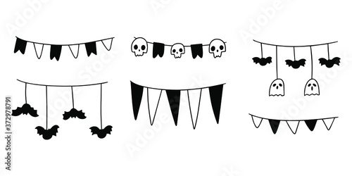 Halloween flags drawn by hand on white background. Vector doodle illustrations of different spooky decorations banners with skulls and bats.