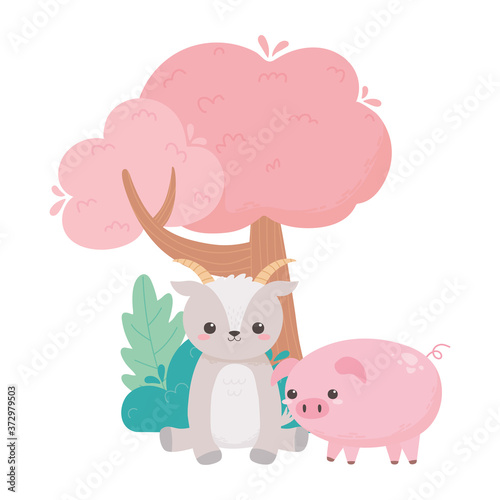 Wallpaper Mural cute goat sitting and pig tree bushes grass cartoon animals in a natural landscape Torontodigital.ca