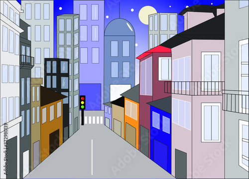 Ilustración vectorial, calle central con edificios a ambos lados y al final de la calle, fondo degradado