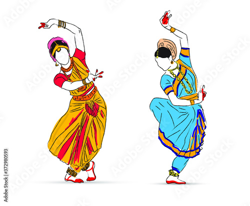 Indian dance bhartnatyam graphic illustration two woman Design.