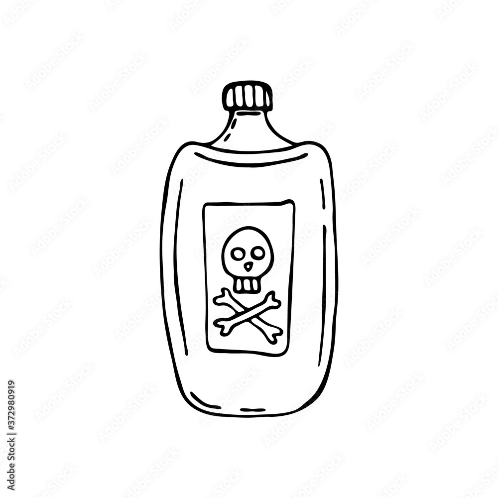 Doodle image of a bottle of poison. Vector for web, textile, decoration, stickers. Simple black and white picture. Halloween. Doodle image of a bottle of poison. Vector for web, textile, decoration, stickers. Simple black and white picture. Halloween.